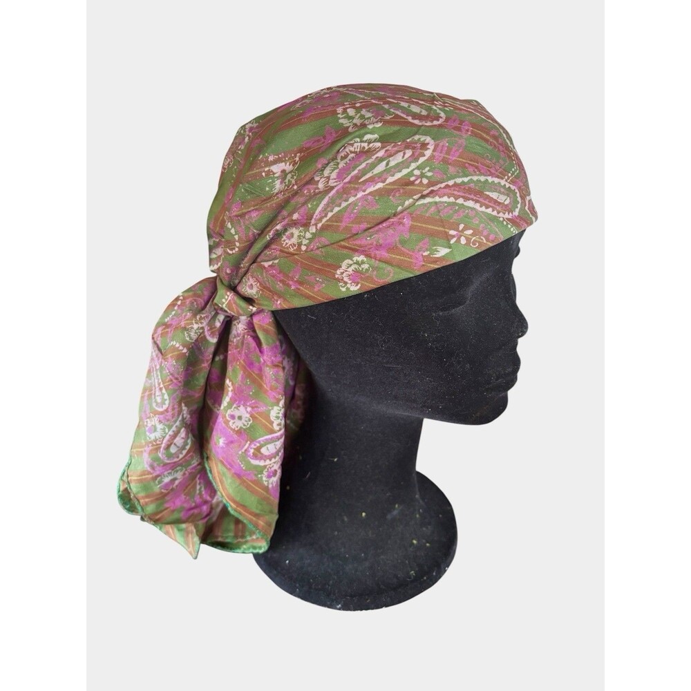 Vtg Silk Square Scarf Green Pink Paisley Boho Festival Hippie Gypsy Headwrap